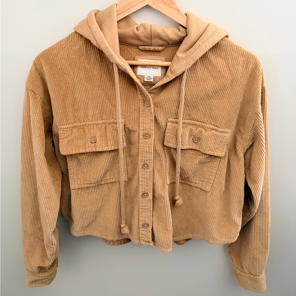 American Eagle Tan Corduroy Cropped Hooded Shacket Jacket Size S